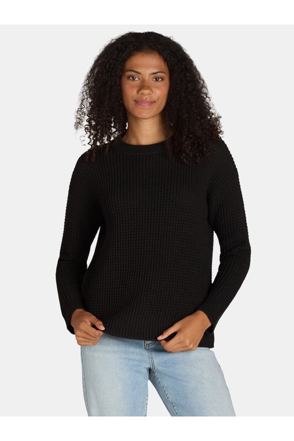 Women's and Women's Plus Waffle Stitch Sweater with Long Sleeves, Midweight, Sizes XS-4X