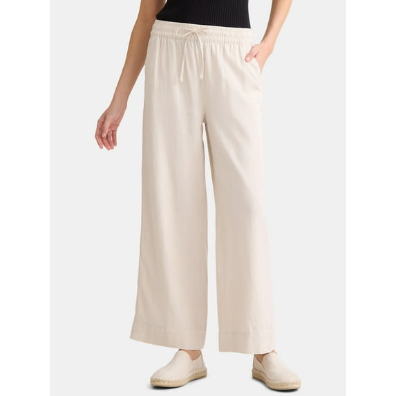 Time and Tru Women's and Women's Plus Wide Leg Linen Blend Pants, 29" Inseam, Sizes XS-4X