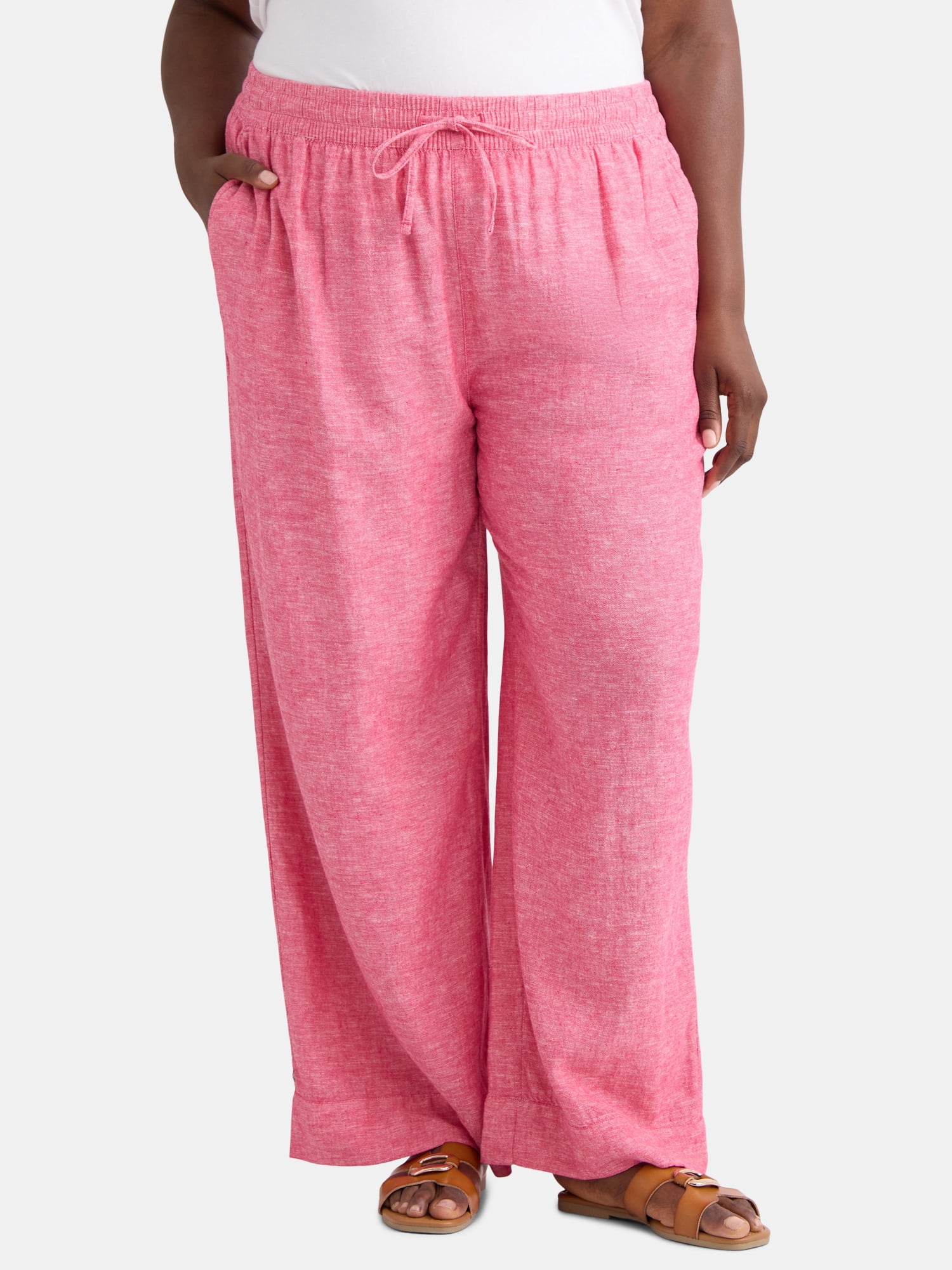 Time Tru Women's Plus Wide Leg Linen Blend Pants, XS-4X, 29