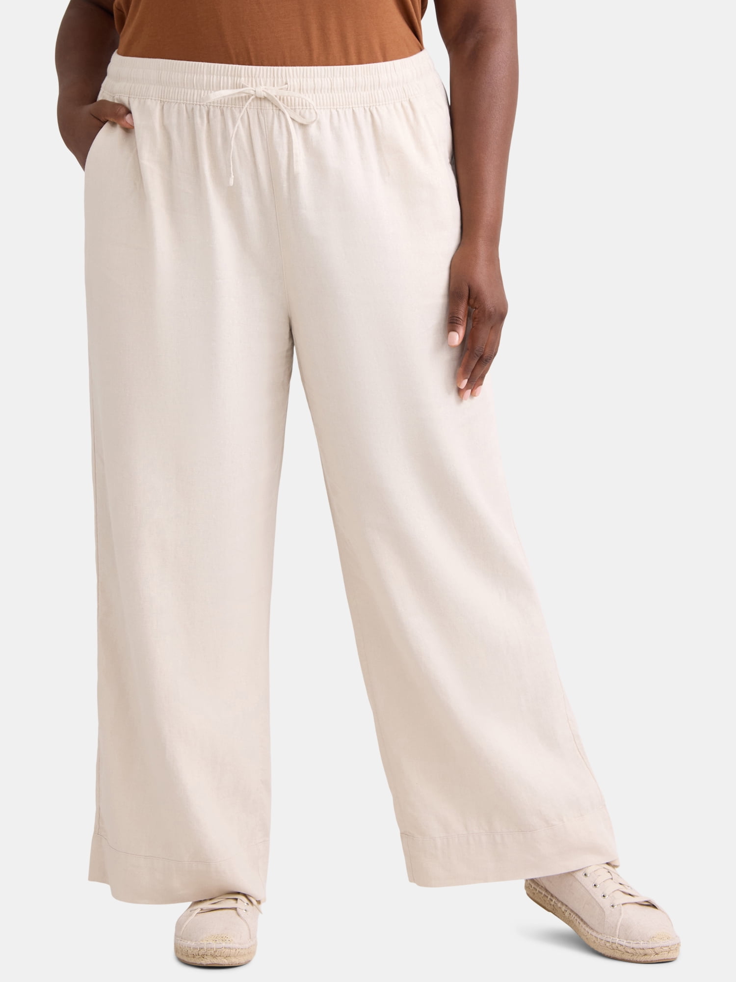 Time and Tru Women's and Women's Plus Wide Leg Linen Blend Pants, 29 ...