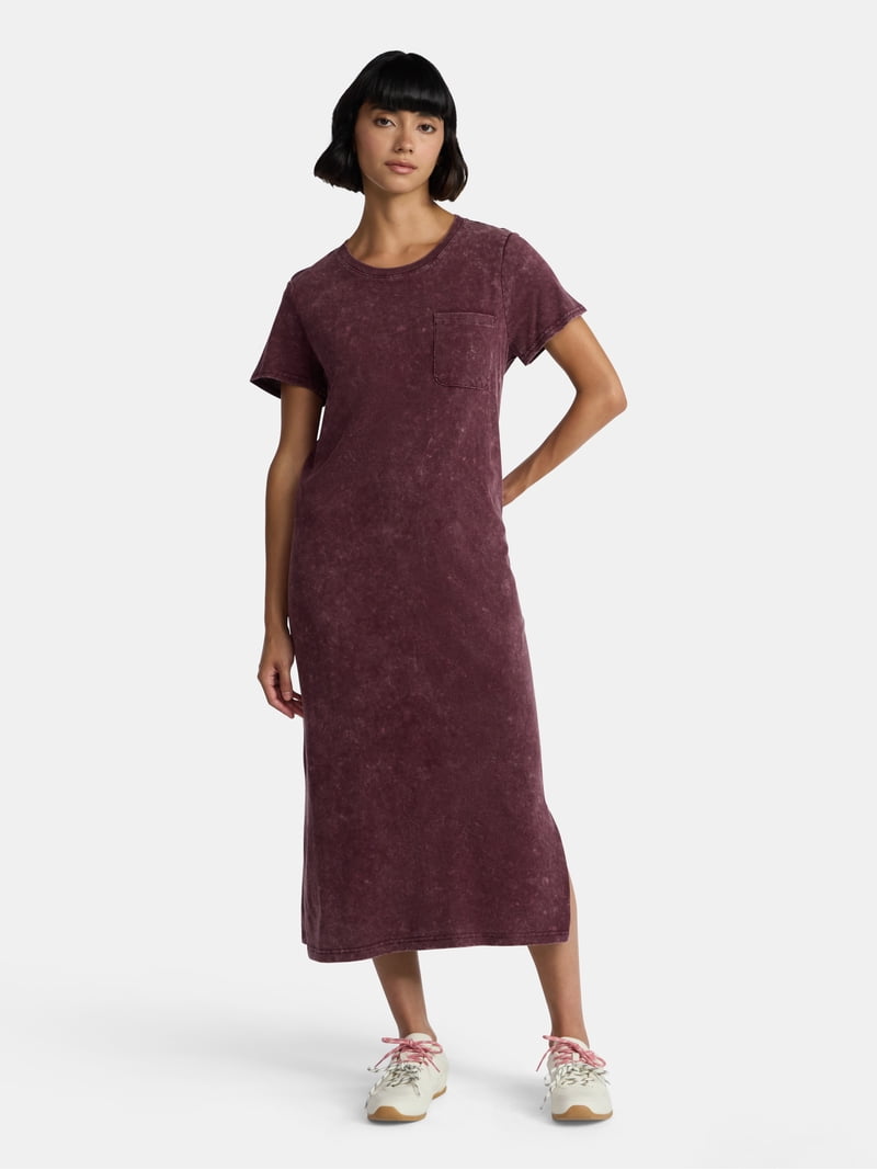 Time and Tru Women's Cotton Midi T-Shirt Dress with Short Sleeves, Sizes XS-XXXL
