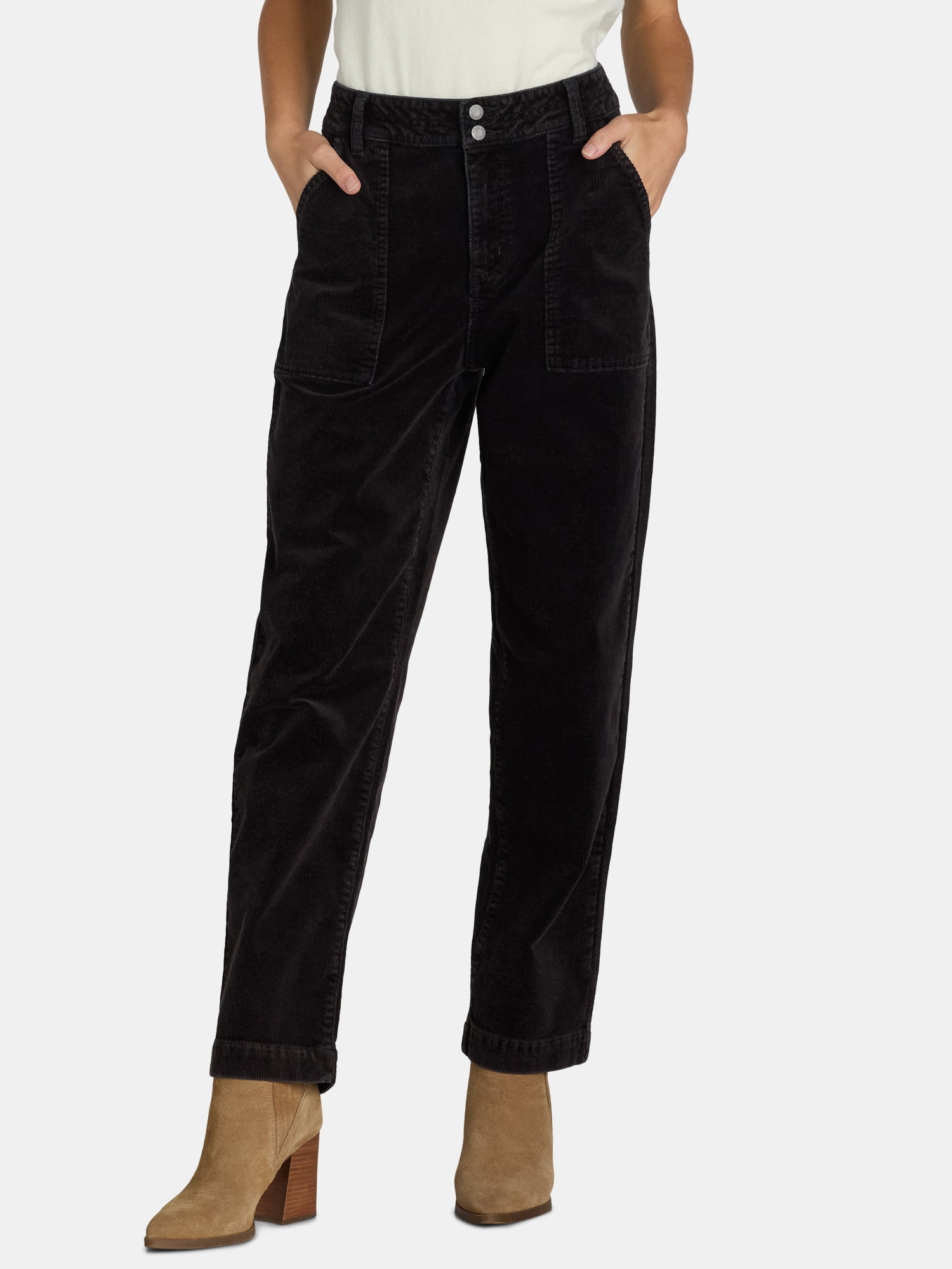 Time and Tru Women's Corduroy Mid Rise Utility Pants, 28" Inseam, Sizes 2-22
