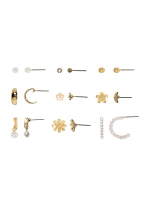 Womens Gold Mini Stud and Hoop Earring Collection, Flower Motif, 9 Pairs