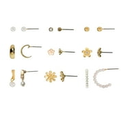 Time and Tru Womens Gold Mini Stud and Hoop Earring Collection, Flower Motif, 9 Pairs