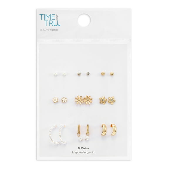 Time and Tru Womens Gold Mini Stud and Hoop Earring Collection, Flower Motif, 9 Pairs