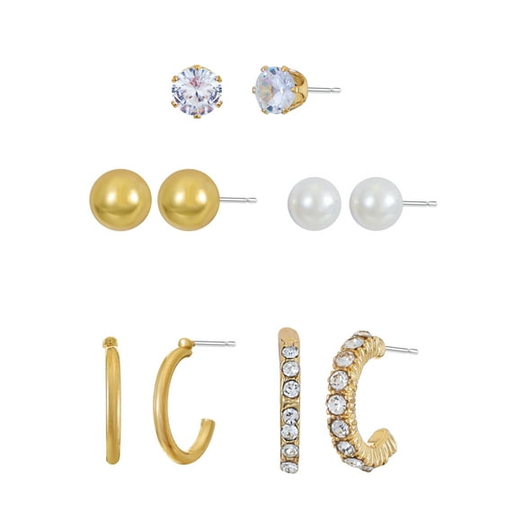 Time and Tru Womens Gold Stud and Mini Hoop Earring Collection, 6 Pairs