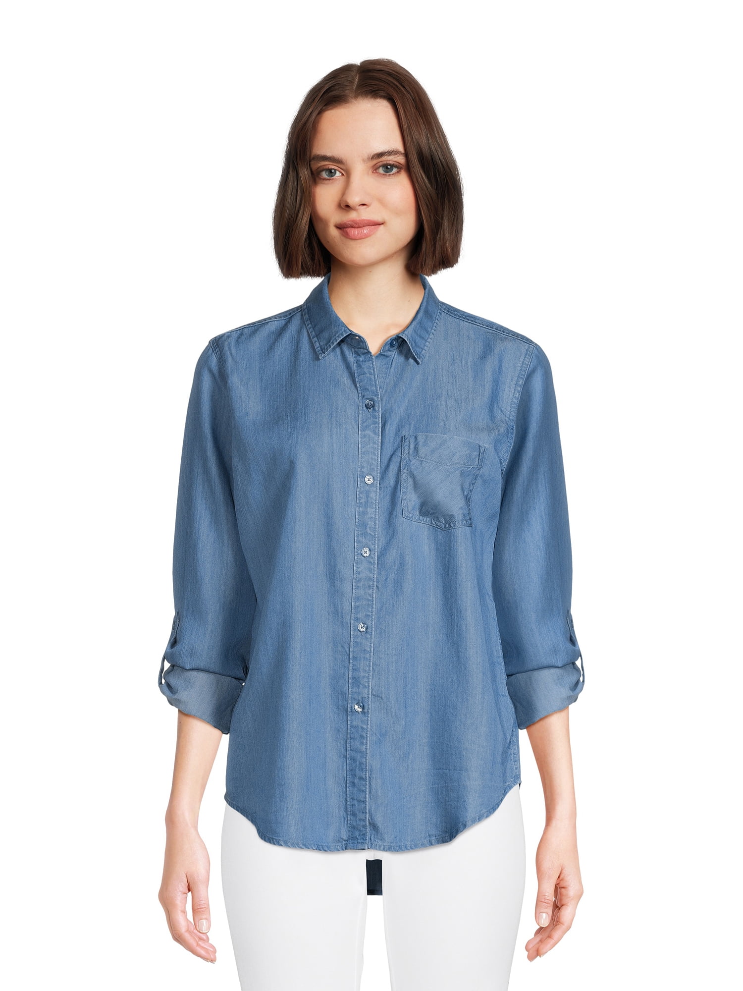 Time and Tru Womens Long Sleeve Chambray Shirt - Walmart.com