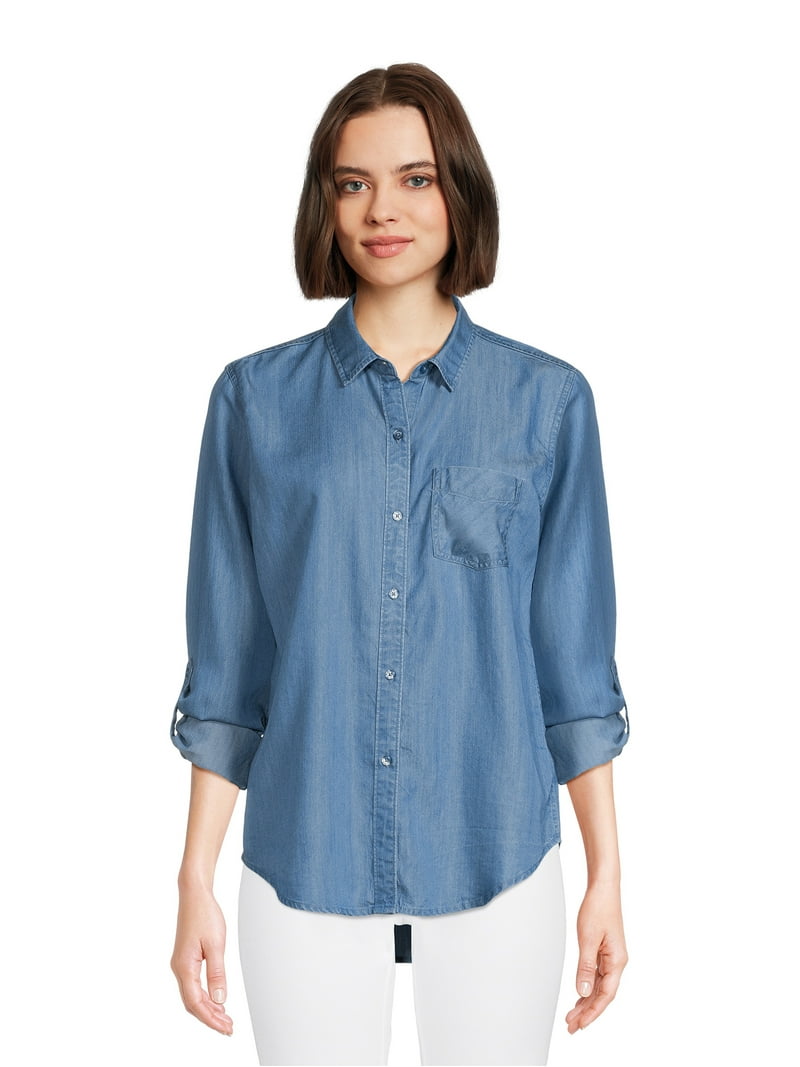 Time Tru Women's Long Sleeve Chambray Shirt Soft Lyocell Casual