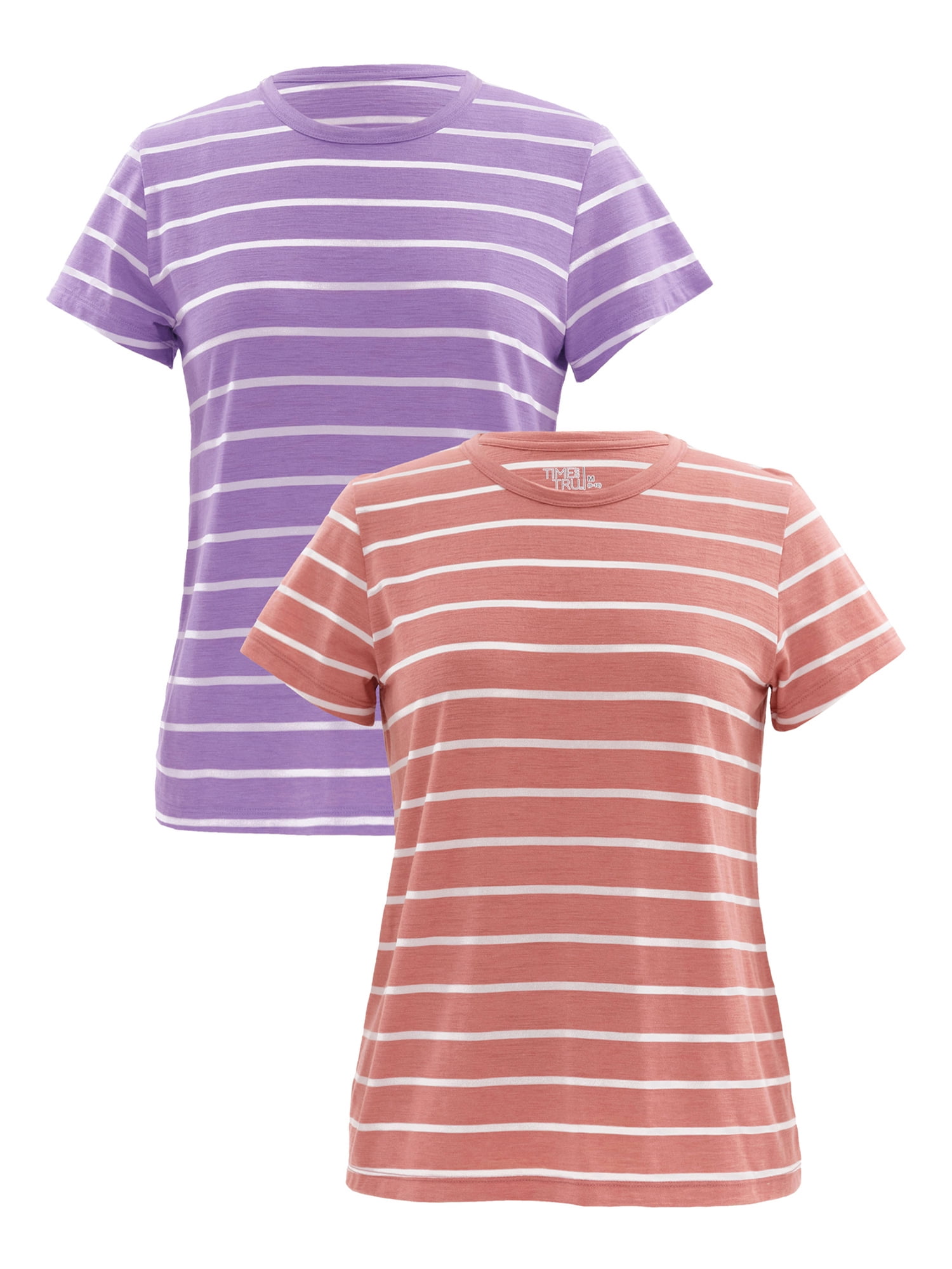 Time and Tru Womens Striped Short Sleeve Slub Crew Neck T-Shirt, 2-Pack