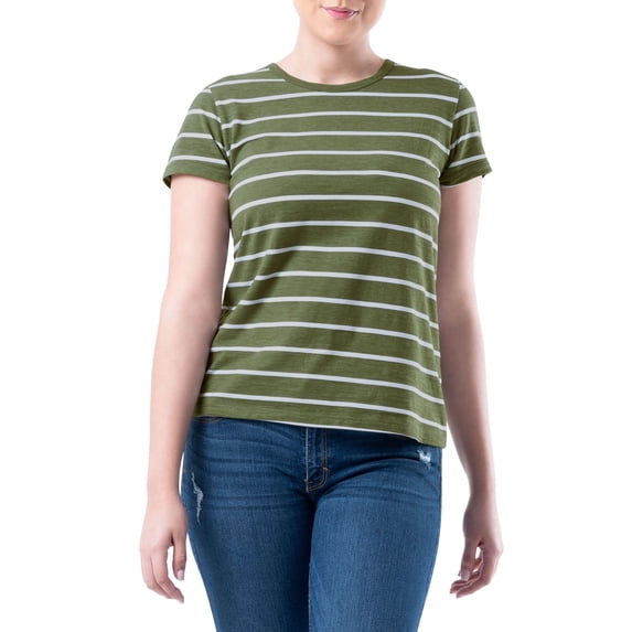 Time and Tru Womens Striped Short Sleeve Slub Crew Neck T-Shirt