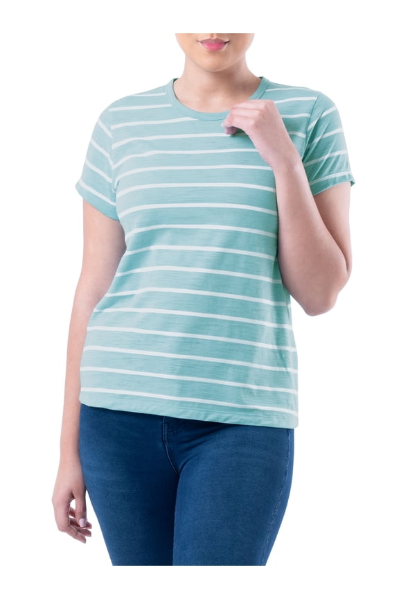 Womens Striped Short Sleeve Slub Crew Neck T-Shirt