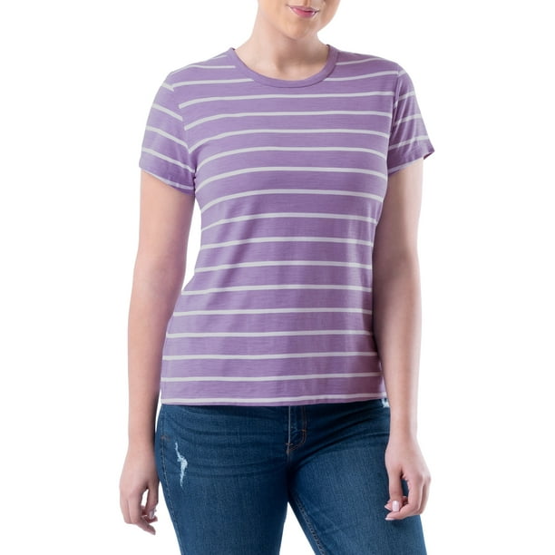 Time and Tru Womens Striped Short Sleeve Slub Crew Neck TShirt