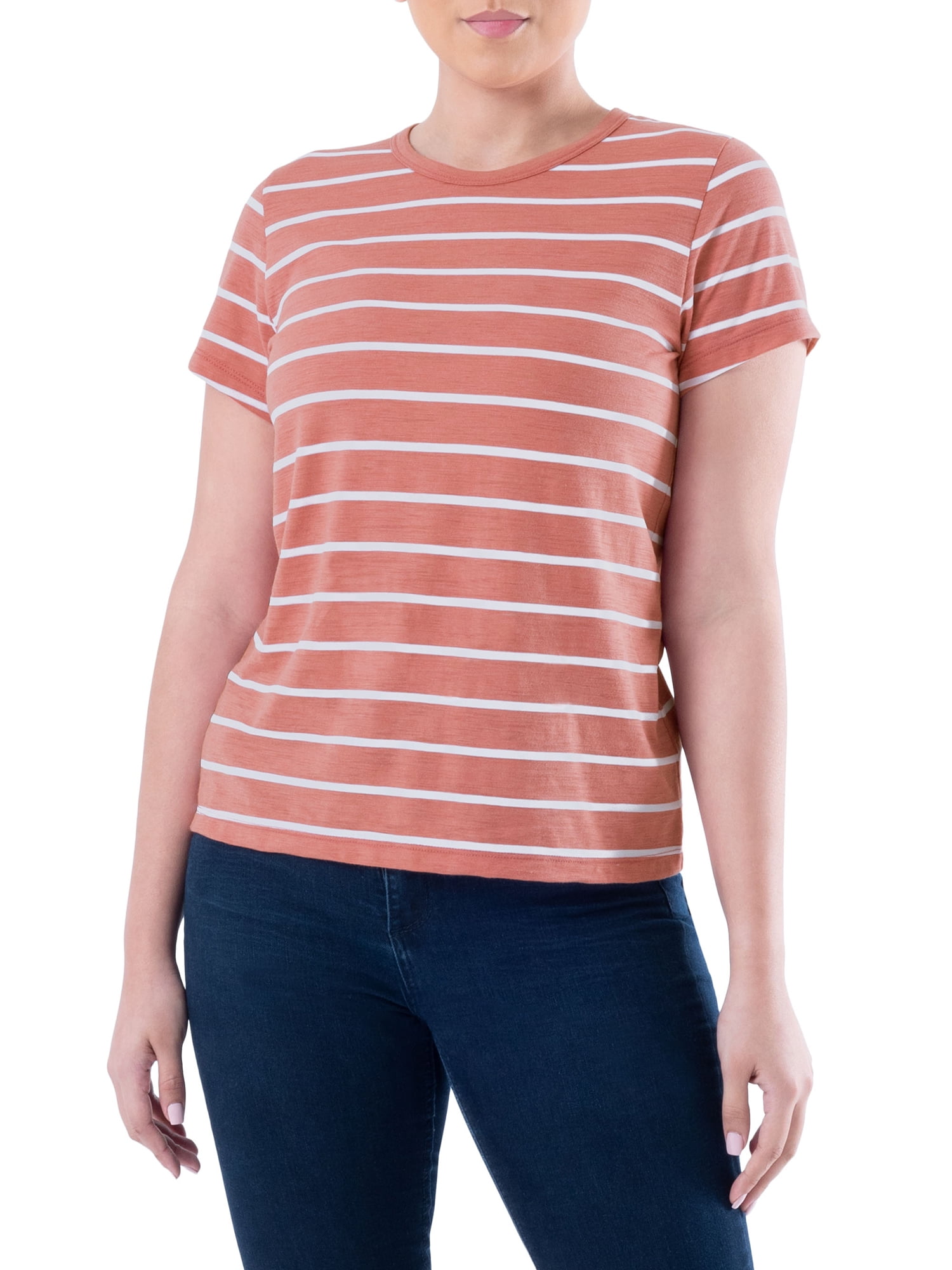 Time and Tru Womens Striped Short Sleeve Slub Crew Neck T-Shirt