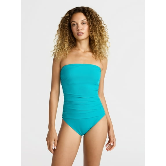 Time and Tru Women's and Women's Plus Ribbed Bandeau One Piece Swimsuit, Sizes XS-2X