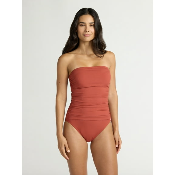 Time and Tru Women's and Women's Plus Ribbed Bandeau One Piece Swimsuit, Sizes XS-2X