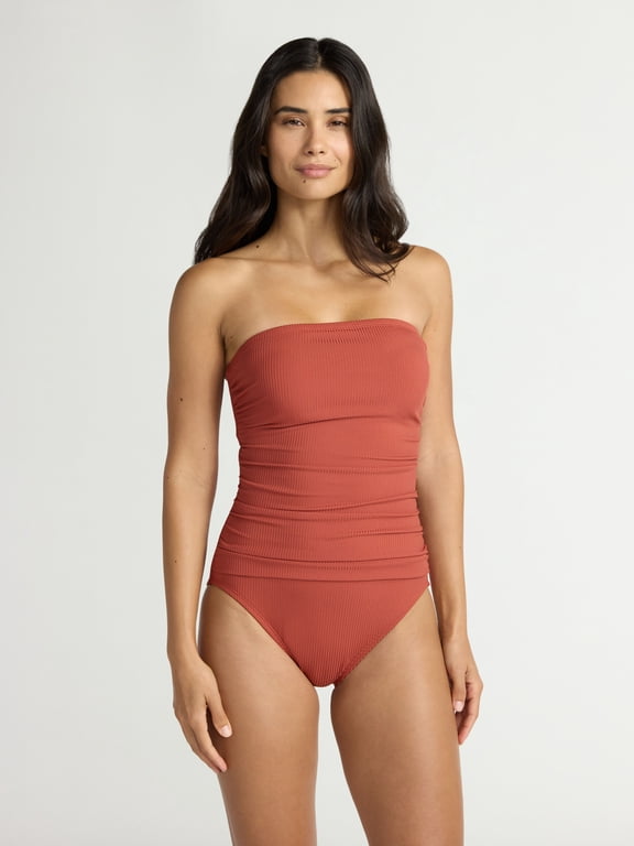 Women's Ribbed Bandeau One Piece Swimsuit, Sizes XS-2X