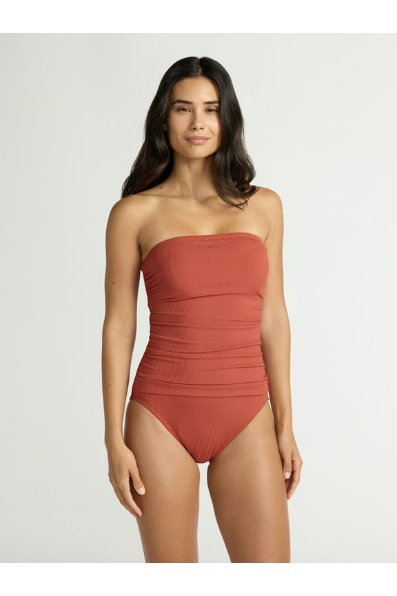 Women's and Women's Plus Ribbed Bandeau One Piece Swimsuit, Sizes XS-2X