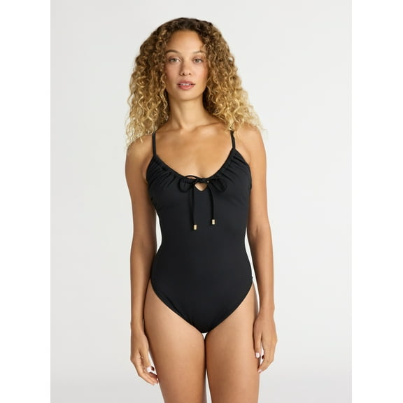 Time and Tru Women’s and Women’s Plus Tie Front One Piece Swimsuit, Sizes XS-2X