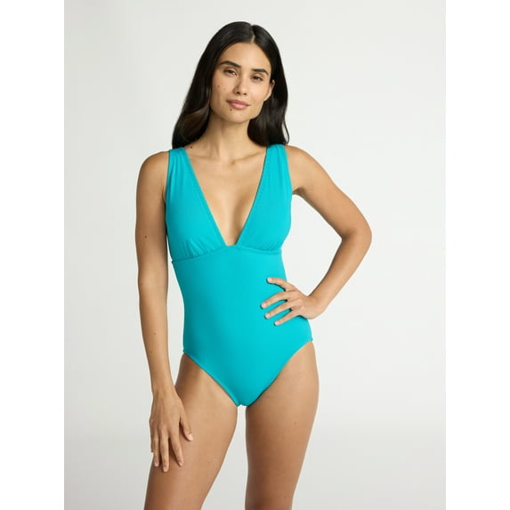 Time and Tru Women’s and Women’s Plus Ribbed Plunge One Piece Swimsuit, Sizes XS-2X