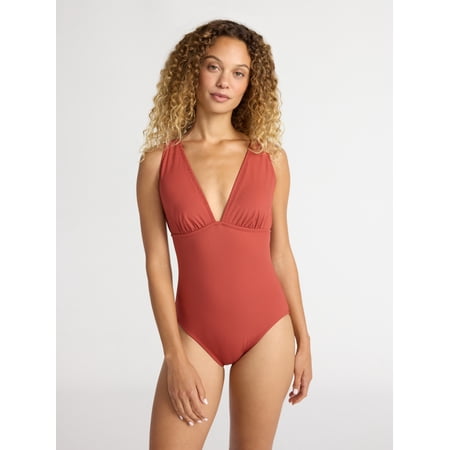 Time and Tru Women's Ribbed Plunge One Piece Swimsuit, Sizes XS-2X
