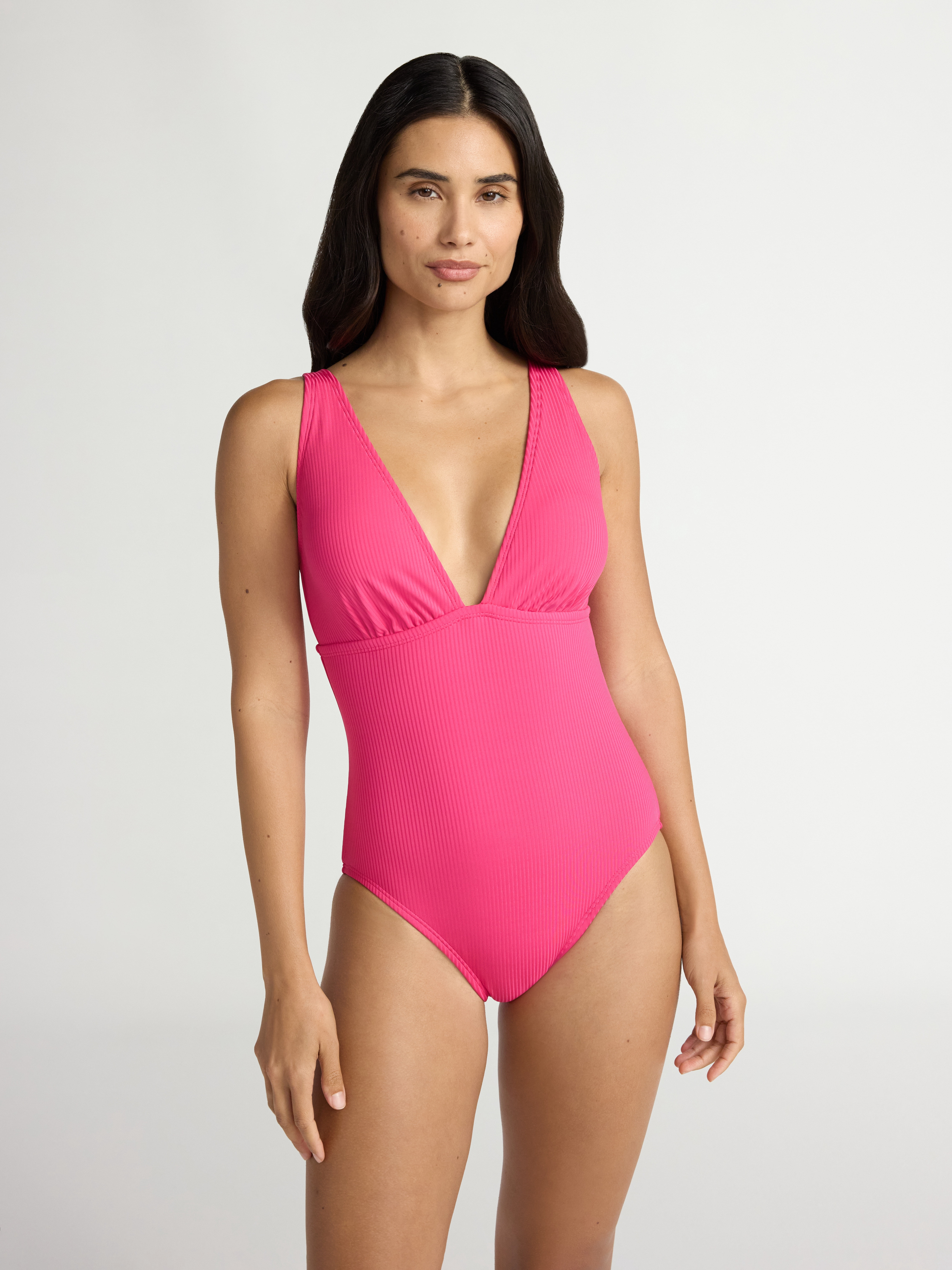 Time and Tru Women's Ribbed Plunge One Piece Swimsuit, Sizes XS-2X