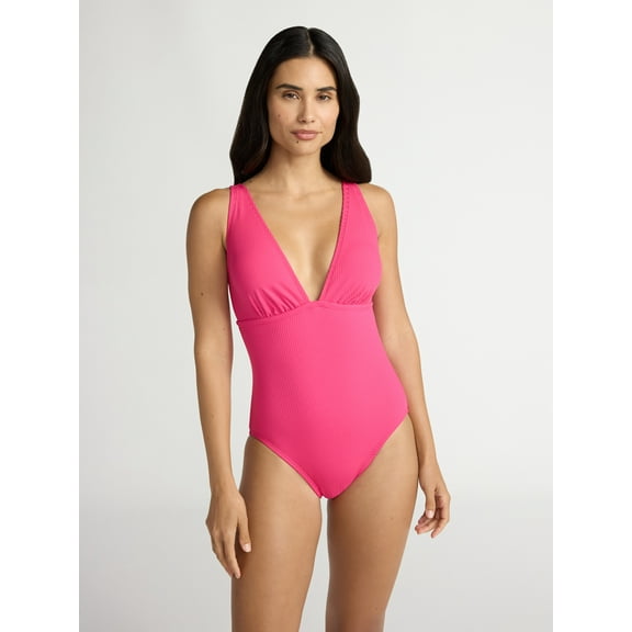 Time and Tru Women’s and Women’s Plus Ribbed Plunge One Piece Swimsuit, Sizes XS-2X