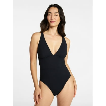 Time and Tru Women’s and Women’s Plus Ribbed Plunge One Piece Swimsuit, Sizes XS-2X