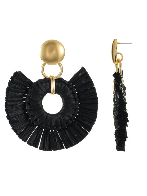 Woven Raffia and Goldtone Earring, Black, 1 Pair