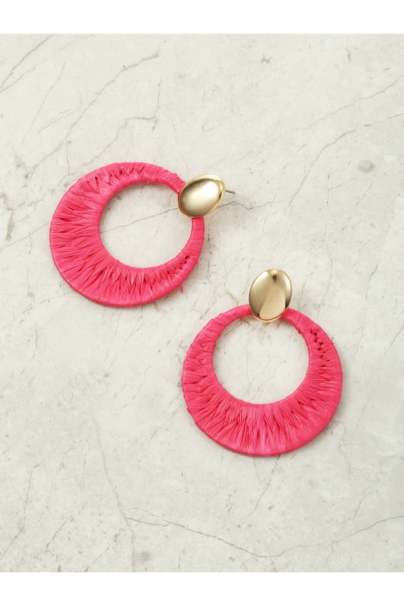 Woven Raffia and Goldtone Earring, Pink, 1 Pair