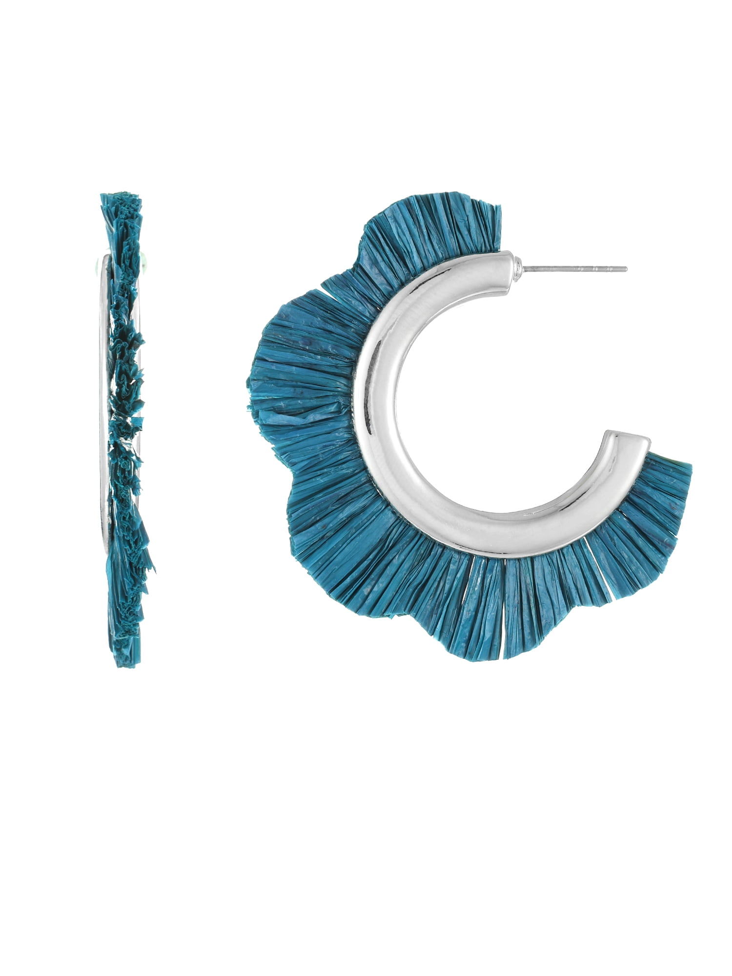Time and Tru Woven Raffia and Silvertone Hoop Earring, Teal, 1 Pair