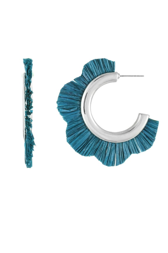 Woven Raffia and Silvertone Hoop Earring, Teal, 1 Pair