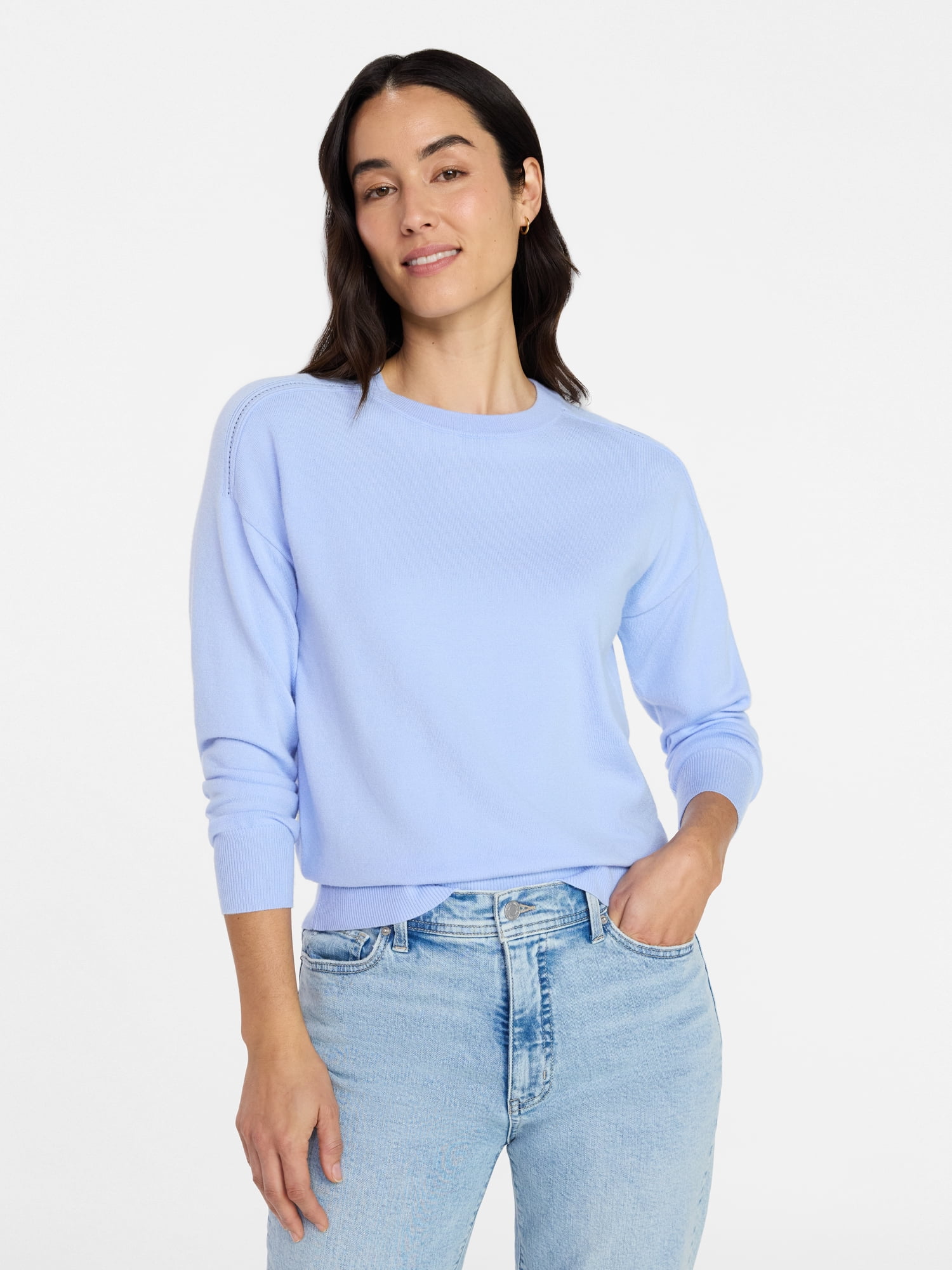 Time and Tru Women's Crewneck Sweater with Long Sleeves, Lightweight, Sizes XS-XXXL