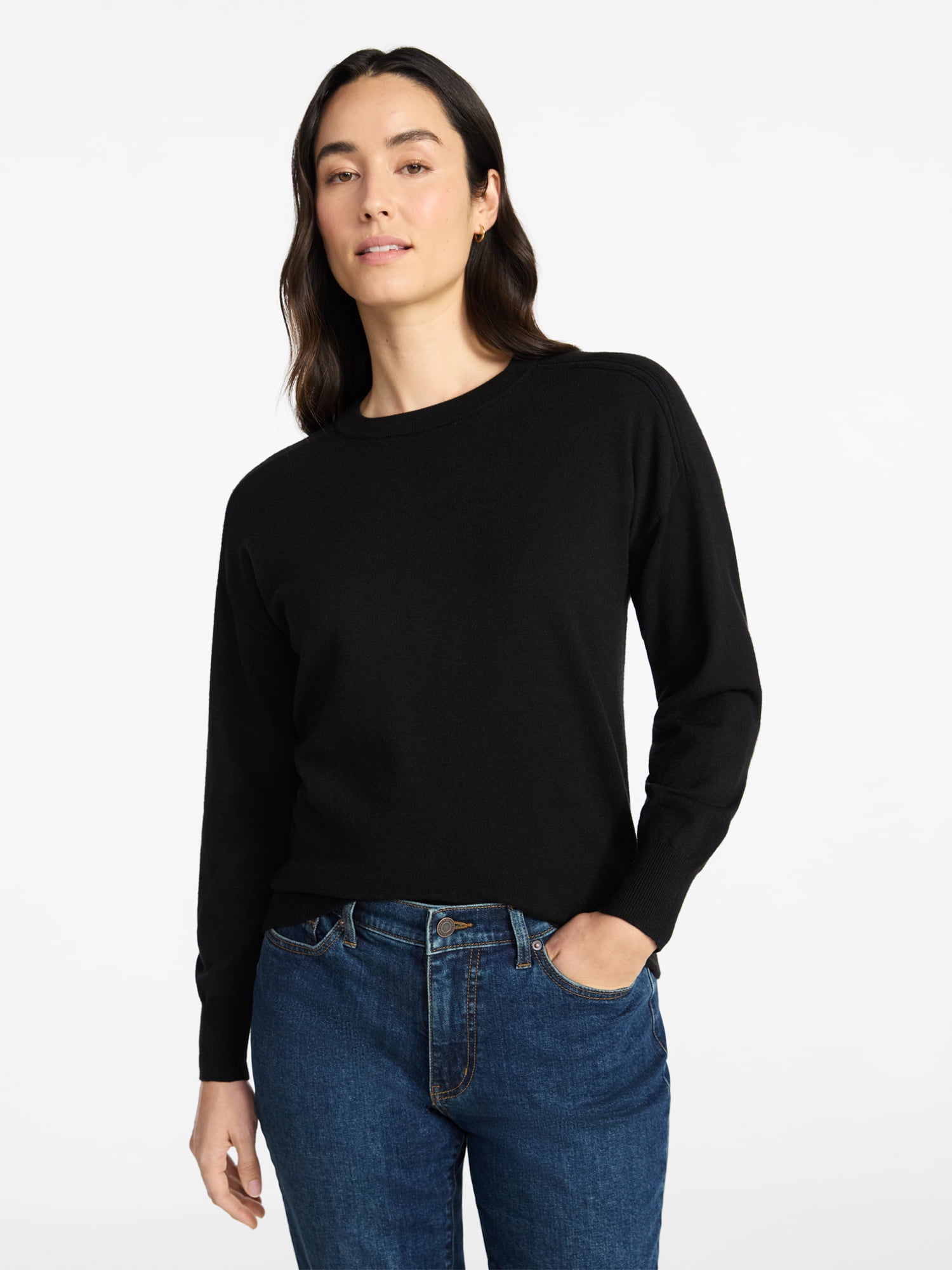 Time and Tru Women's Crewneck Sweater with Long Sleeves, Lightweight, Sizes XS-XXXL