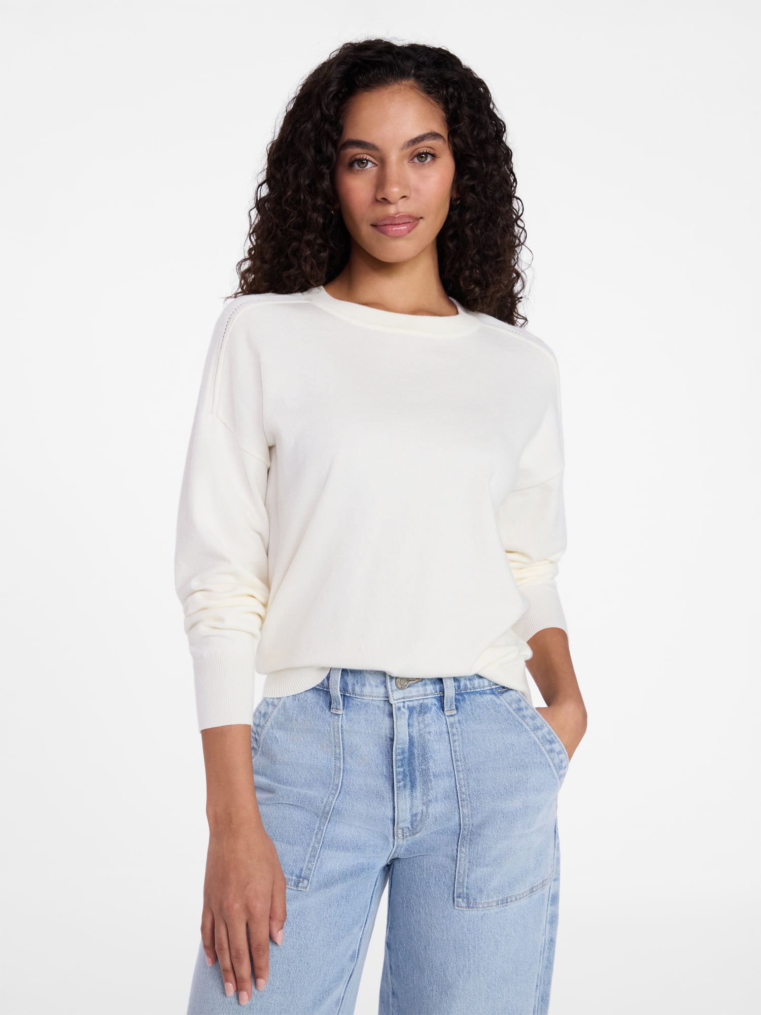 Time and Tru Women's Crewneck Sweater with Long Sleeves, Lightweight, Sizes XS-XXXL