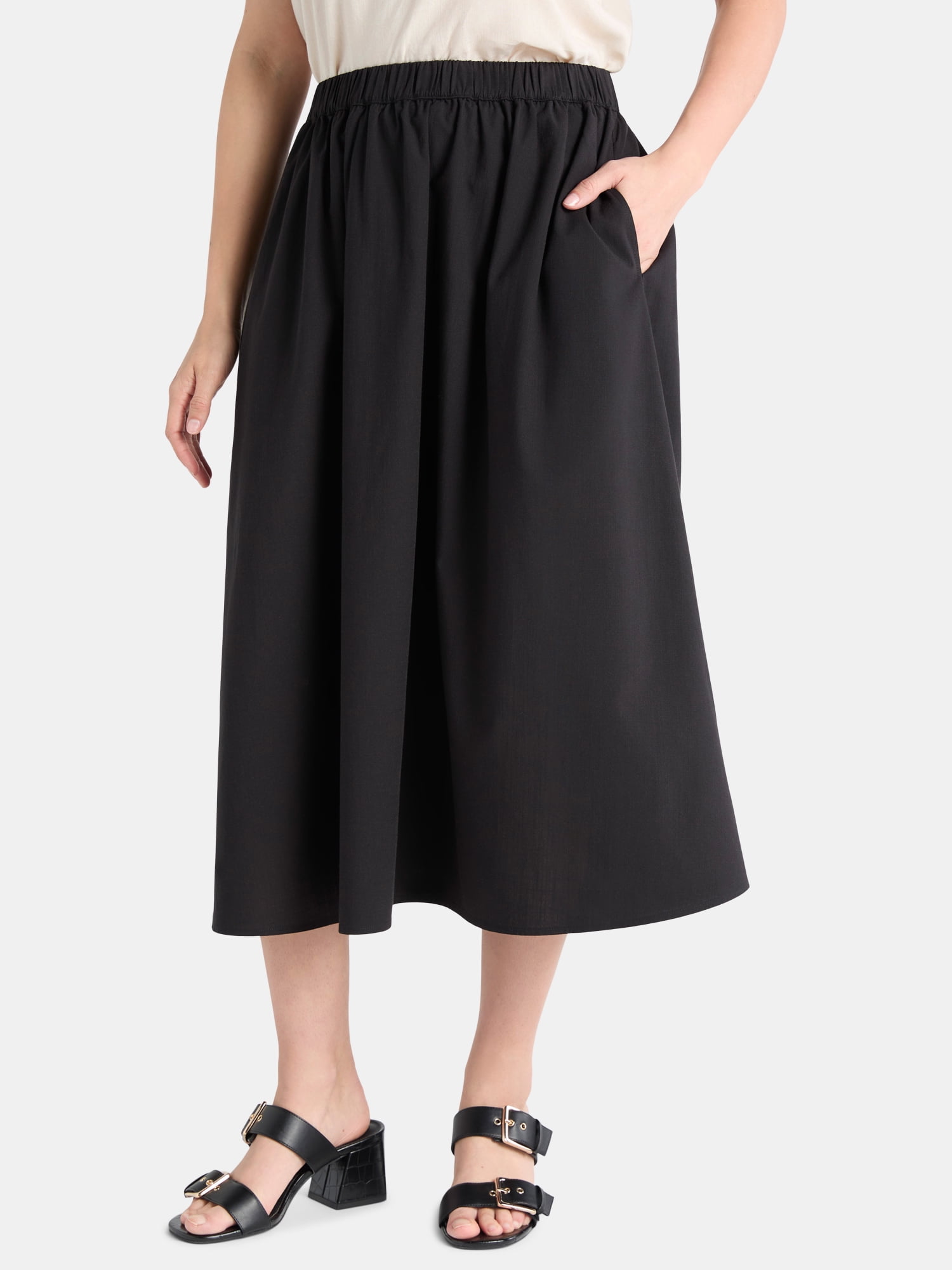 Time and Tru's Women's Pull On Midi Skirt with Pockets, XS-XXXL