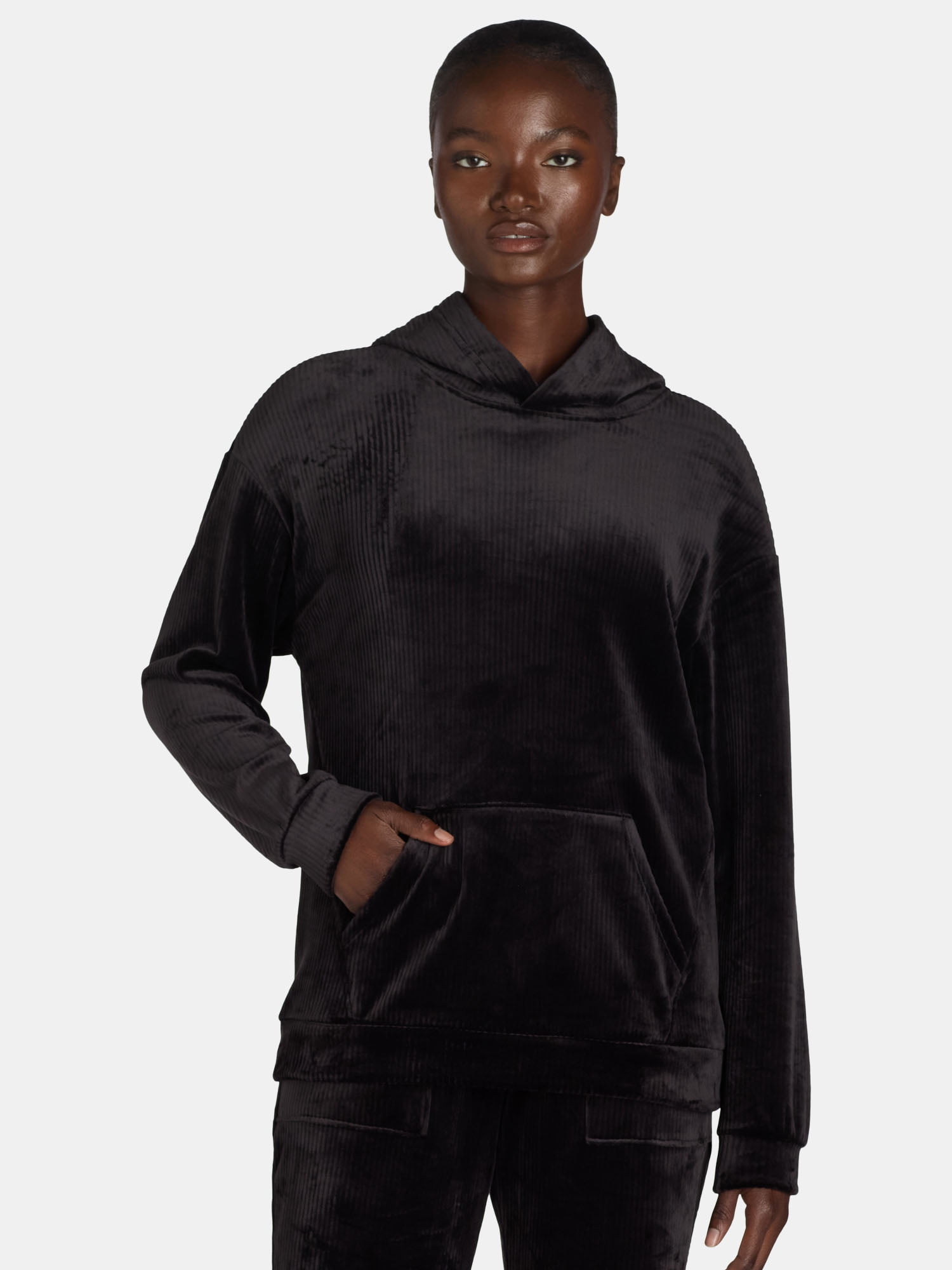 Time and Tru's Women’s Ribbed Velour Hoodie Sweatshirt, Sizes S-XXXL