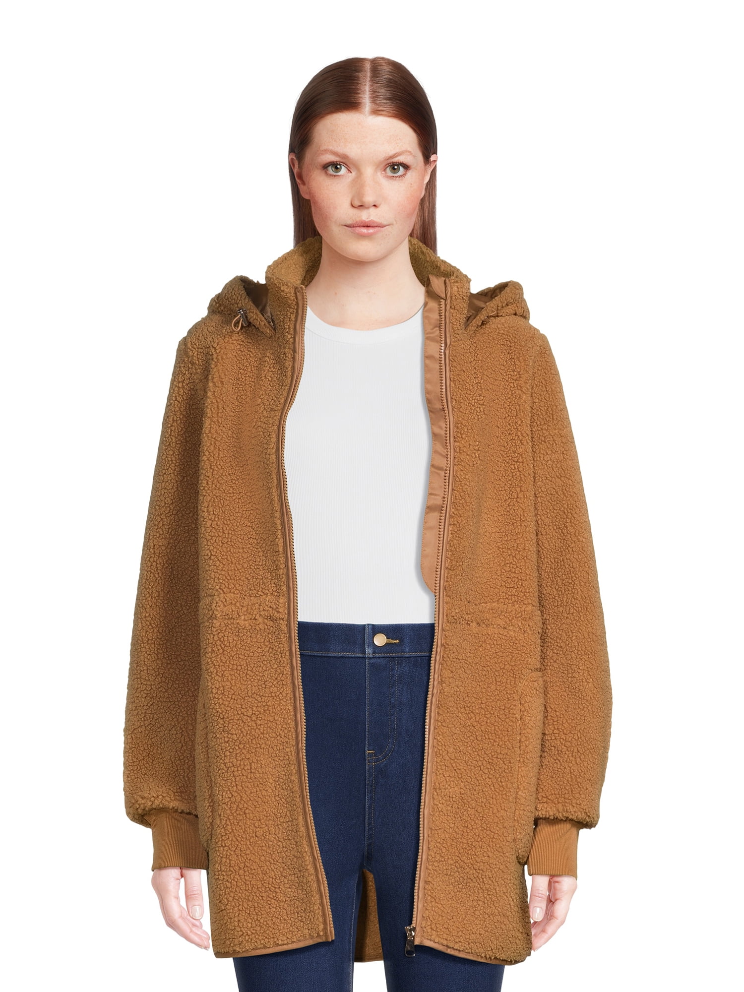 Time and True Women’s Faux Sherpa Jacket with Hood, Sizes S-2X ...