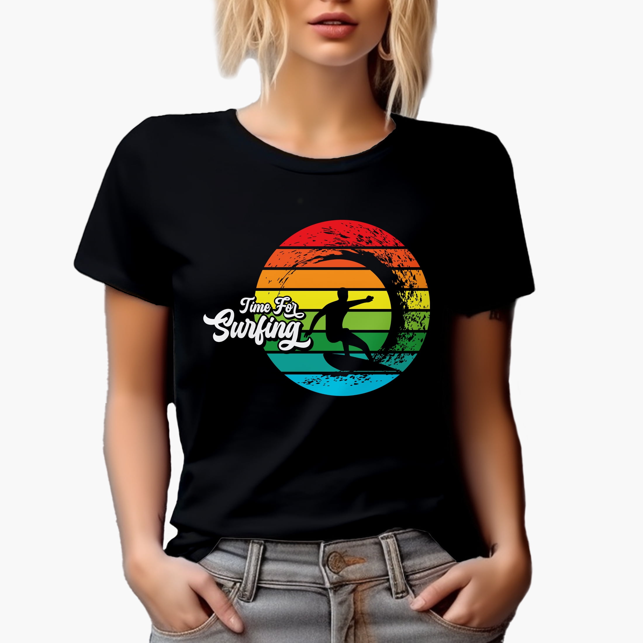 Time for Surfing with Wave & Surfer, Black T-Shirt, Medium