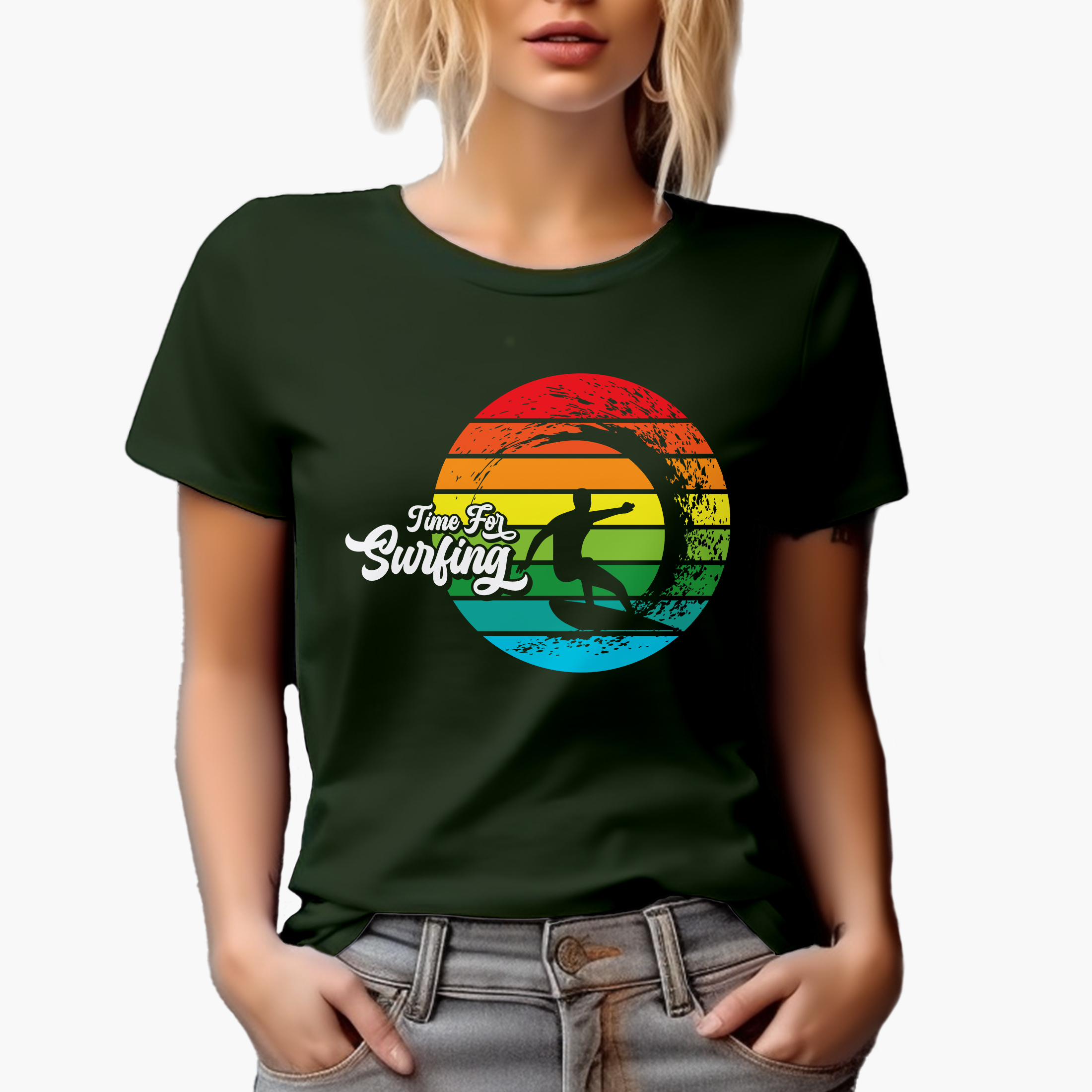 Time for Surfing with Wave & Surfer, Military Green T-Shirt, Medium