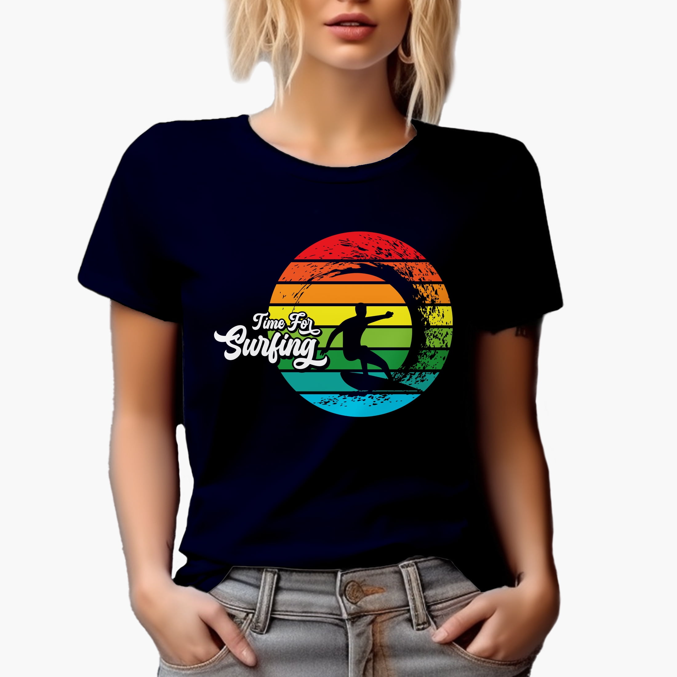 Time for Surfing with Wave & Surfer, Navy Blue T-Shirt, Medium
