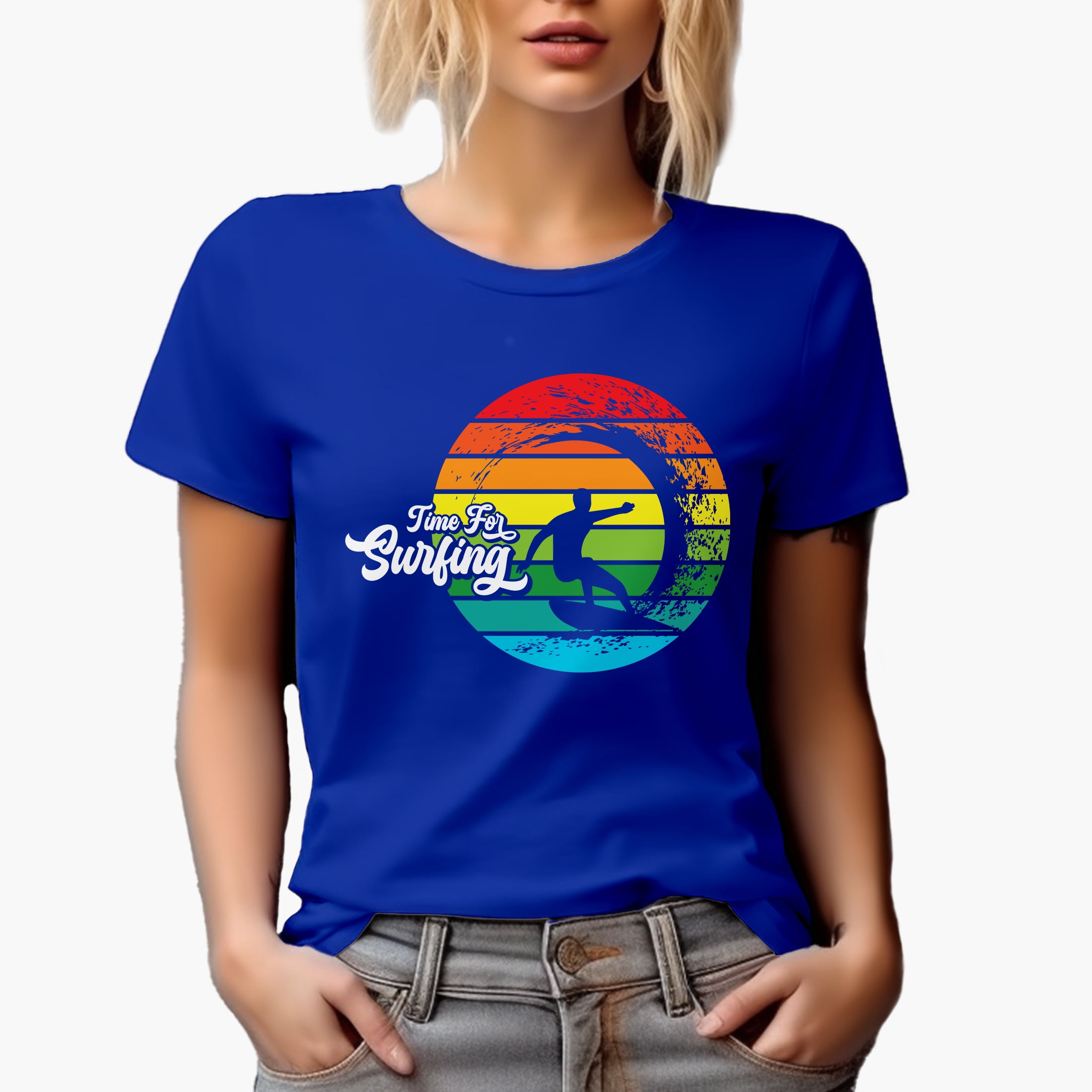 Time for Surfing with Wave & Surfer, Royal Blue T-Shirt, Small