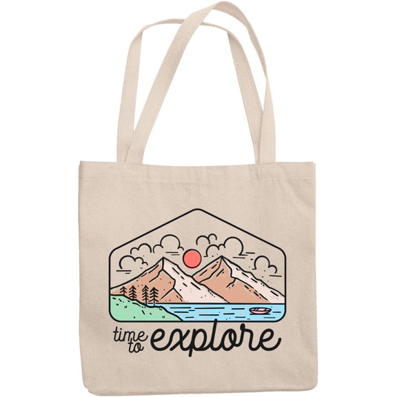 Time to Explore, Hiking, Vacation or Adventure Themed Line Art Merch Gift, 12oz Canvas Tote Bag