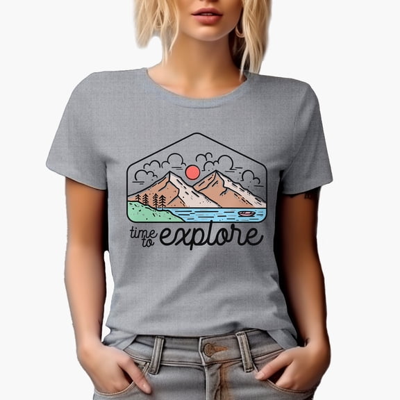 Time to Explore, Hiking, Vacation or Adventure Themed Line Art Merch Gift, Heather Grey T-Shirt, Small