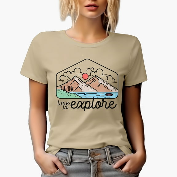 Time to Explore, Hiking, Vacation or Adventure Themed Line Art Merch Gift, Tan T-Shirt, XL