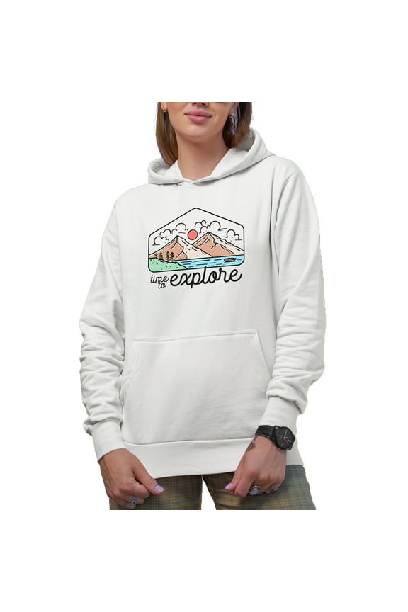 Time to Explore, Hiking, Vacation or Adventure Themed Line Art Merch Gift, White Hooded Sweatshirt or Hoodie, Small