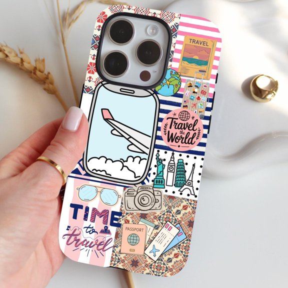 Time to Travel Retro World Map Collage Phone Case iPhone 17 through 11 Pro Max