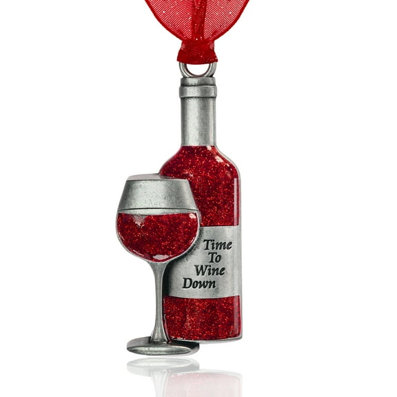 Time to Wine Down Pewter Wine Bottle with Glass Ornament