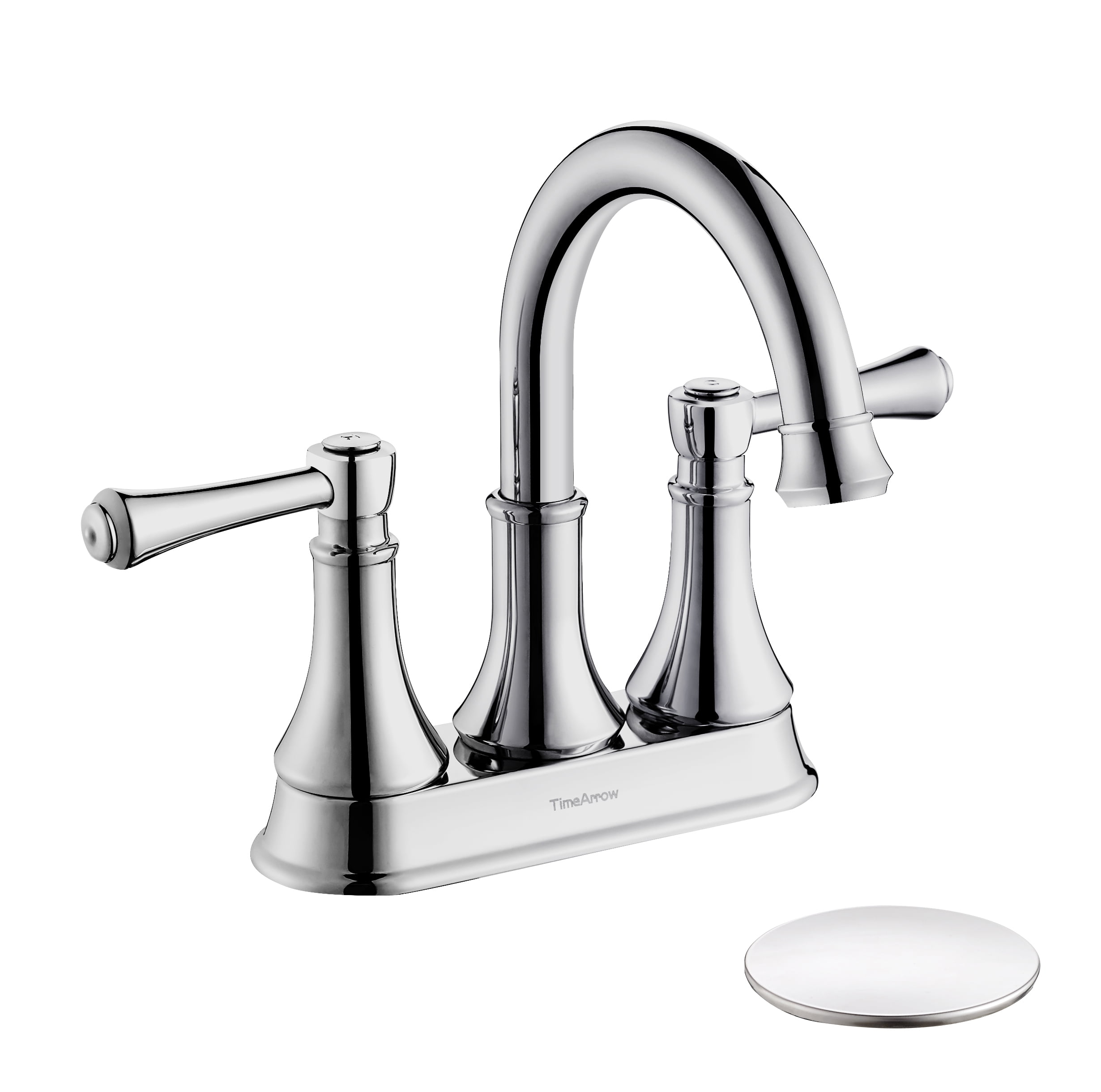 TimeArrow Chrome 4 Inch Bathroom Sink Faucet Vanity Lavatory Faucet for 3 Holes with Pop up Drain and 360° Swivel Brass Spout, TAF067Y-CP