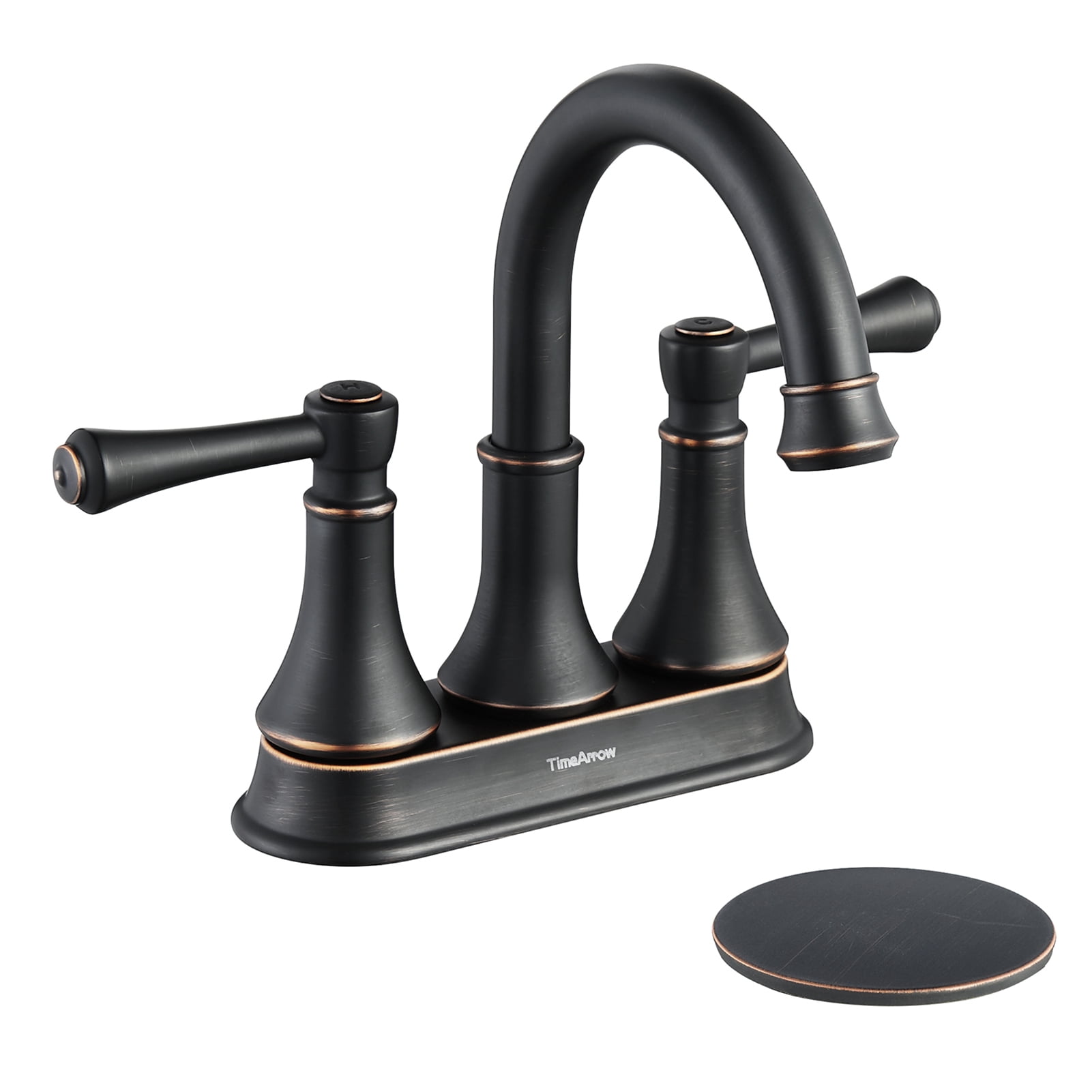 TimeArrow Oil Rubbed Bronze 2 Handle Centerset Bathroom Sink Faucet with Pop up Drain, High Arc Modern 4 Inch Bathroom Vanity Lavatory Faucet for 3 Holes with Brass 360° Swivel Spout, TAF067Y-ORB