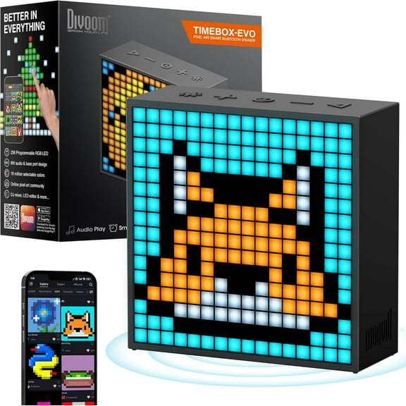 TimeBox Evo -- Pixel Art Bluetooth Speaker with 16x16 LED Display APP Control - Cool Animation Frame & Gaming Room Setup & Bedside Alarm Clock- Black